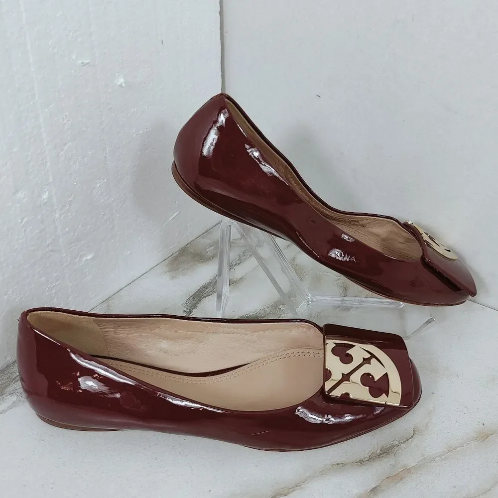 Tory Burch Burgundy Patent Leather Gold Tone Embellished Ballet Flats, Sz 5